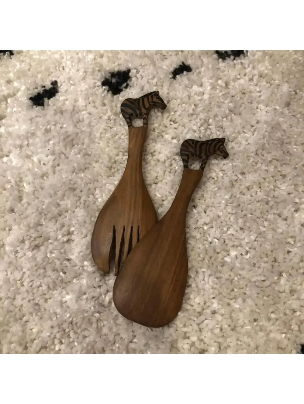 Hand Carved Wooden Zebra Salad Servers Set 2 Piece Safari Kitchen Decor Brown
